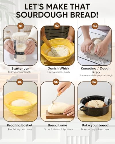 Sourdough Starter Kit for Beginners, 34 oz Starter Jar with Scale Marking, 2 Silicone Proofing Baskets, Complete Bread Baking Kit with Guide & Recipes, Easy to Use & Clean - Yellow - Image 6