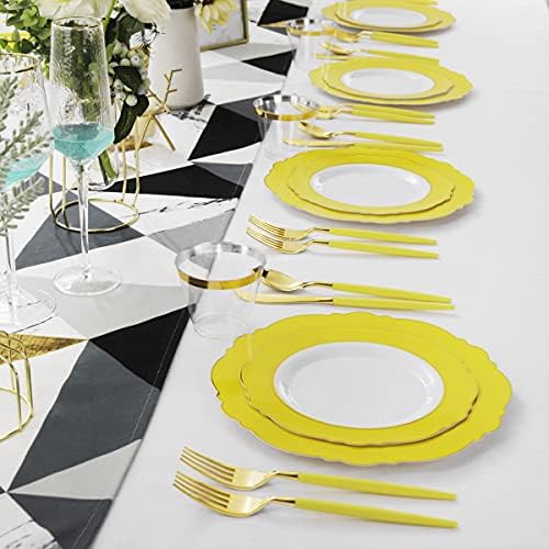 WDF 150pieces Yellow Disposable Dinnerware Hign-end Baroque Design - Sturdy&Durable Baroque Yellow Sunshine&Gold Plastic Dinnerware for Upscale Wedding/Birthday/Party - Image 5