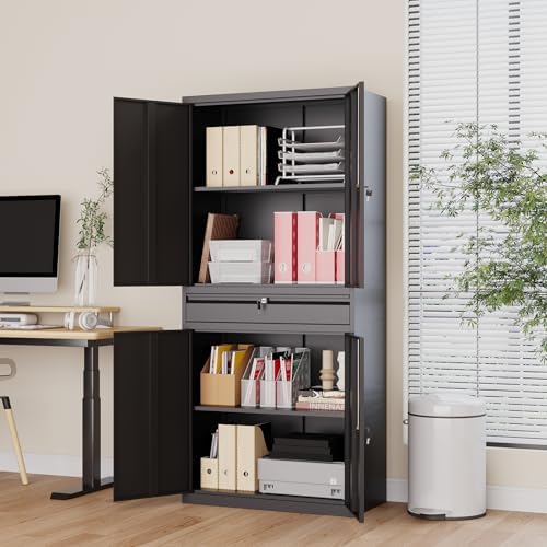Metal Storage Cabinet with Drawer, Garage Storage Cabinet with Locking Doors and Adjustable Shelves,Tool Steel Cabinet for Garage, Home Office,Warehouse (Black) - Image 6