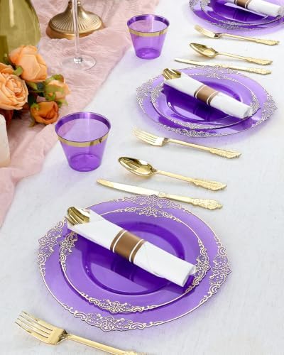 Goodluck 175 Piece Clear Purple Plastic Dinnerware Set for 25 Guests - Image 7