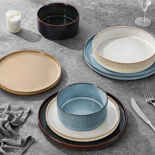 LIANYU Dinnerware Stoneware Sets with Pasta Bowls, 16 Piece Plates and Bowls Set for 4, Ribbed Dishes Set for Home, Microwave and Dishwasher Safe, Four-color - Image 6