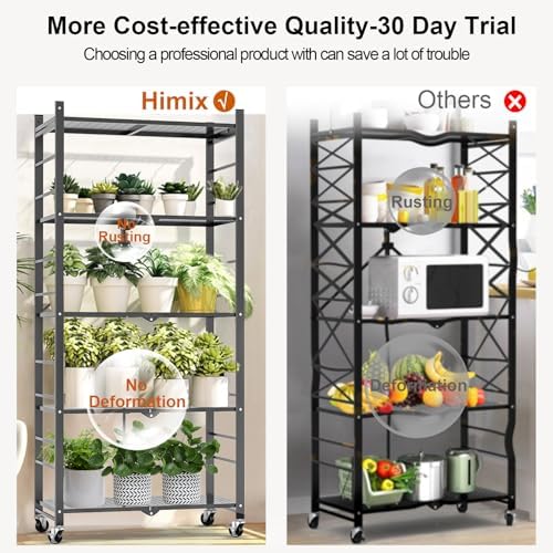 Himix 5-Tier Foldable Storage Shelves with 20 Hooks Wheels Grey Display - Image 6