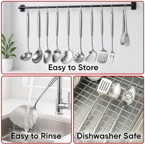 Newness 12 Pcs Cooking Utensils Set, 304 Stainless Steel Kitchen Utensils Set, Metal Kitchen Accessories, Include Soup Ladle, Slotted Skimmer Spoon, Spaghetti Spoon and Spatula, Dishwasher Safe - Image 6
