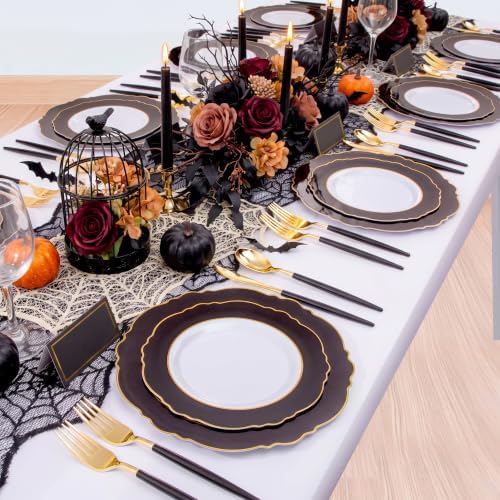 WDF 30Guest Black and Gold Plastic Plates - Gold Plastic Silverware With Black Handle Baroque Halloween Black and Gold Disposable Dinnerware for Wedding/Party/Birthday/Halloween - Image 6