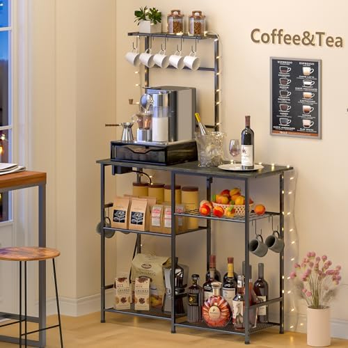 3IngSeagulls Bakers Rack with Power Outlet, Kitchen Microwave Stand with 10 S-shaped Hooks, 6-Tier Coffee Bar Station, Kitchen Storage Shelf Rack for Spices, Pots, Gray - Image 6