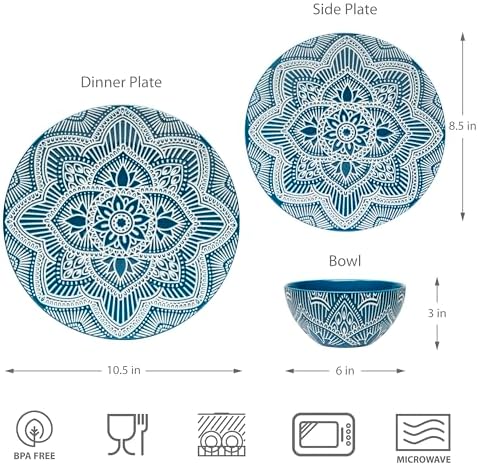 Bzyoo 12-Piece Ceramic Dinnerware Set: La La Mandala Blue Dish Set Design for Every Occasion - Microwave & Dishwasher Safe Stackable Plates Bowls - Image 6