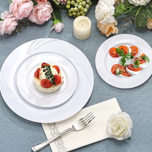 350-Piece White Swirls Plastic Dinnerware Set for 50 Guests, Elegant Disposable Dinnerware for Party, Wedding. Includes 10.25" Dinner Plates, 6.5" Dessert Plates, Silverware, Napkins, Cups - Image 6