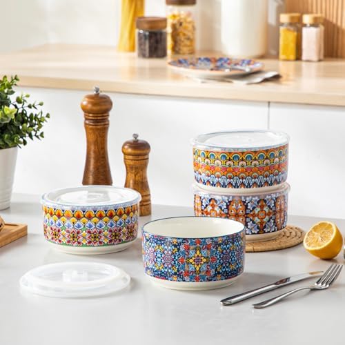 vancasso SIMI 36 oz Ceramic Bowls with Lids Set of 4,Bohemian Serving Bowl - Image 6