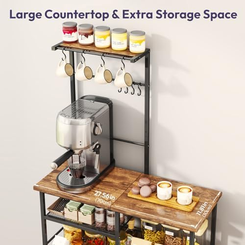 SWTYMIKI Bakers Rack with Storage - Coffee Bar Cabinet Organizer with 8 Hooks, Shelves & Cabinet Door, Coffee Station for Kitchen Dining Room, Microwave Stand with Adjustable Feet, Espresso - Image 6