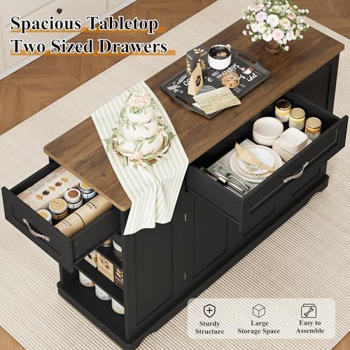 HOSTACK 47" W Kitchen Island Cart with Storage, Rolling Island Table, Black - Image 6