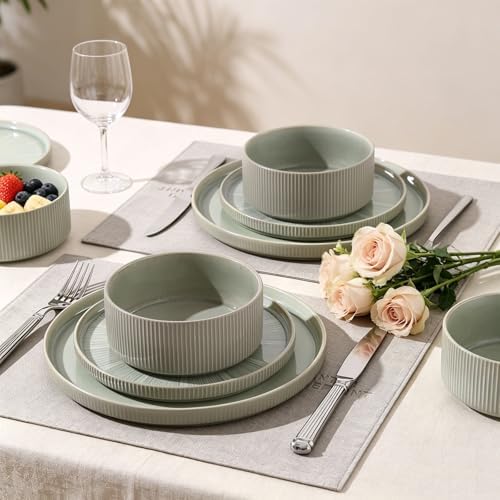 Stoneware Dinnerware Sets for 4, 12-Piece Plates and Bowls Set, Light Green - Image 6