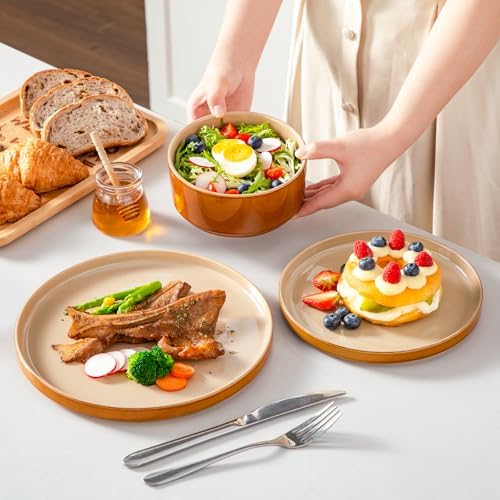 vancasso ONION Ceramic Plates and Bowls Sets, 12 Pieces Brown Dinnerware Sets for Kitchen, Reactive Glaze Dishes Set for 4, Dishwasher and Microwave Safe - Image 6