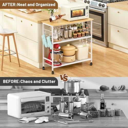 3 Tier Rolling Kitchen Microwave Cart, 33 Inch Microwave Table Stand with Adjustable Shelf, Kitchen Storage Island Utility Cart on Wheels, Bakers Rack Coffee Bar for Living Room, Office, White - Image 7
