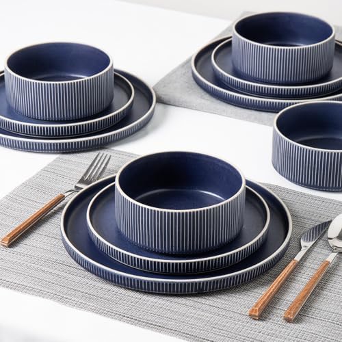 Stoneware Dinnerware Sets for 8, 24Pcs Plates and Bowls Set, Matte Blue - Image 6