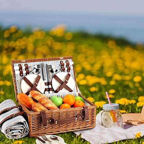 Wicker Picnic Basket for 4 with Waterproof Blanket Blue Stripes - Image 7