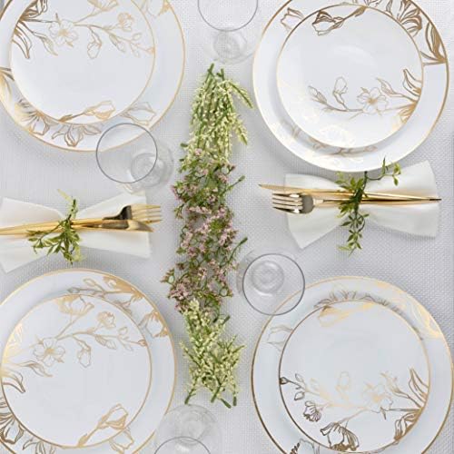 PLASTICPRO 128 Piece Combo Plates Set includes 64 7'' inch Plates & 64 10'' inch Plates White Plastic Floral Design Party Plates With Gold Rim, Premium Elegant, Tableware, Dishes, - Image 7