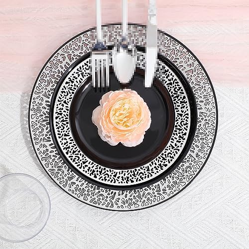 Norme 300 Pieces Disposable Plastic Dinnerware Set, 100 Plastic Plates, 150 Knives, Forks and Spoons with 50 Rimmed Cups for 50 Guests Wedding Party Supplies(Black Silver) - Image 3