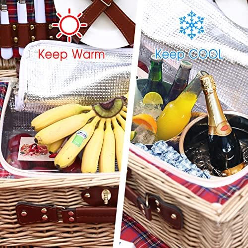 Wicker Picnic Basket for 4 with Waterproof Blanket Red Grid - Image 6