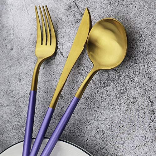 20-Piece 18/10 Stainless Steel Flatware Silverware, Luxury Dinnerware Set Travel Cutlery Tableware Include Knife Fork Spoon Service for 4, Dishwasher Safe (Purple Handle Matte Gold) - Image 7