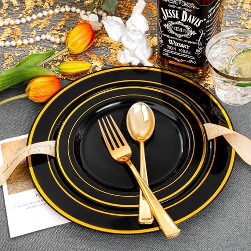 bUCLA 150 Pieces Black and Gold Disposable Dinnerware Set - 25 Guests Black Gold Plastic Plates Include 25 Dinner & 25 Dessert Plates, 25 Spoons, 25 Forks, 25 Knives, 25 Cups for Party & Graduation - Image 6