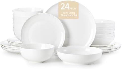 KINGSTONE Bone China Dinnerware Set for 6, 24-Piece Plates and Bowls Set by KINGSTONE