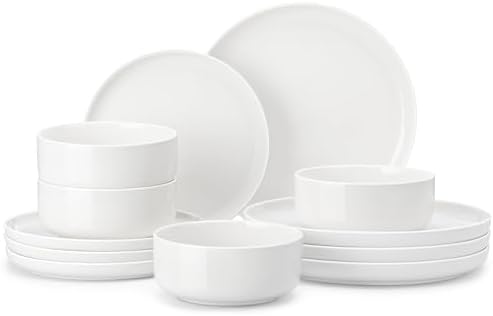 MALACASA 12 Pcs Porcelain Plates and Bowls Sets,Dinnerware Set for 4,White by MALACASA
