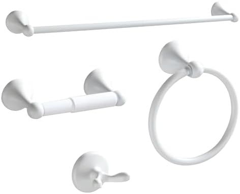 BGL Bathroom Accessories Set, White Paint Expandable Towel Bar 4-Piece Bathroom Accessory Set Wall Mounted Towel Ring Robe Hook Toilet Paper Holder Towel Holder by BGL
