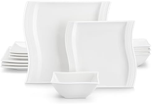MALACASA Ivory White Dinnerware Set, 12 Pieces - Porcelain Dinner Plates, Dessert Plates and Bowls, Square Flora Pattern by MALACASA