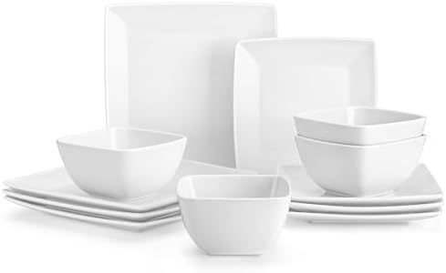 vancasso Soho Dinnerware Sets 12 Pieces, White Stoneware Square Place Setting, Dinner Plate, Dessert Plate, Bowls Service for 4 by vancasso