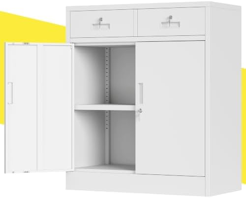 CJF Metal Storage Cabinet, Locking Storage Cabinet with Doors and 2 Drawers, Metal Cabinets for Office/Home/Garage 36" H x 32" W x 16" D (White) by CJF