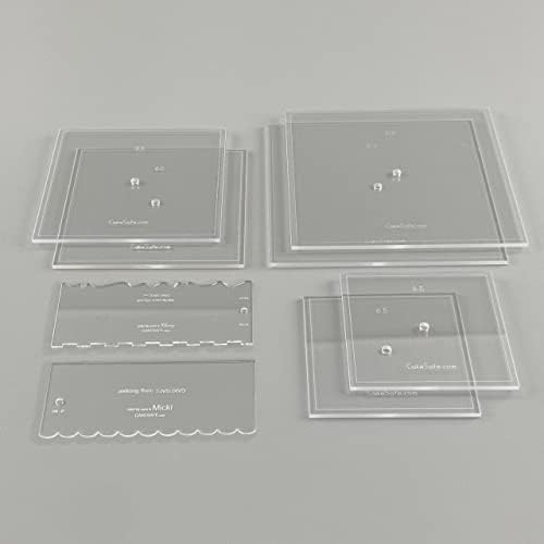 CAKESAFE Square Essential Cake Decorating Acrylic Disk Kit - 3 Sets - Square 6.5", 8.5", 10.5" Disks Sets (2 disks per size), 2-8" Icing Scrapers with 1 Scraper Edge and 3 Cake Comb Patterns - Image 2