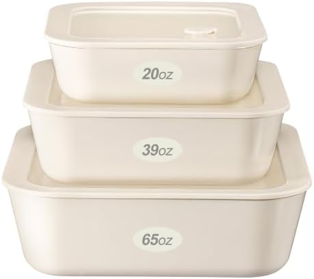 Urban Green Ceramic Coated Glass Food Storage Container with Airtight Glass Lid, Square Meal Prep Container, 20oz, 39oz, 65oz, microwave and Oven Safe, Non-Toxic Lunch Box, Cream color by LiveaLifeEasierandGreener