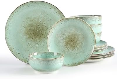 Sweejar Dinnerware Sets Service for 4, 12 pcs Porcelain Plates and Bowls for Kitchen, Housewaring Gift, Chip and Scratch Resistant Dish Set, Handmade Dishwasher and Microwave Safe Plate Set, Green by Sweejarco1949