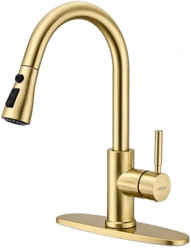 WEWE Pull-Down Kitchen Faucet, 3-Mode Sprayer, Gold, High Arc by WEWE
