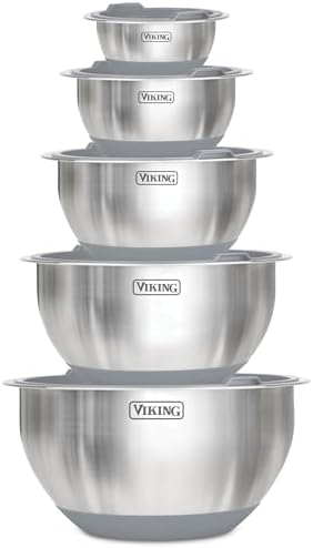 Viking Mixing Bowls Set, 10 Piece Stainless Steel Kitchen Cookware, Non-Slip Silicone Base, Includes Tight Fit Lids, Dishwasher Safe, Grey by Unknown