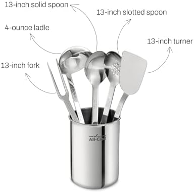 All-Clad 5-Piece Stainless Steel Kitchen Utensil Set – Includes Ladle, Solid Spoon, Slotted Spoon, Turner & Storage Caddy – Heavy-Gauge, Ergonomic, Dishwasher Safe, Silver (Pack of 2) - Image 2
