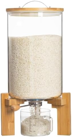 HBlife 14-16 Lbs Glass Rice Dispenser with Wooden Stand Flour and Cereal Container with Glass Measuring Cup Pantry Food Organization Storage Bin with Airtight Bamboo Lid, 8L by HBlife