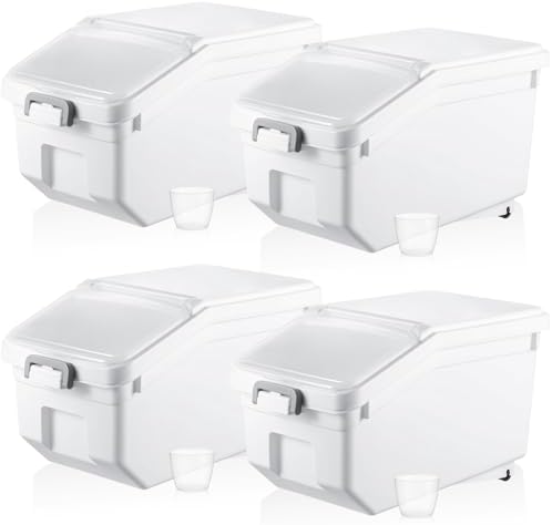 Sunnyray 4 Pcs Flour Storage Containers Rice Bin with Wheels, White, 22 lb by Sunnyray