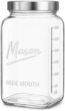 kitchentoolz 1 Gallon Glass Jar with Lid - Extra Large Mason Jar Wide Mouth with Airtight Metal Screw On Lid - Square Glass Storage Container with Measurements for Flour, Sugar, Cookies & Pickling by KITCHENTOOLZ