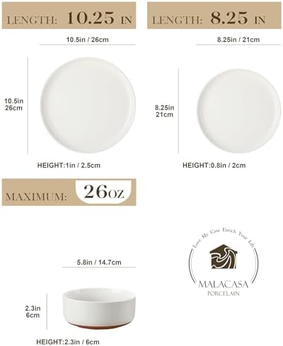 MALACASA Plates and Bowls Sets, 24 Pieces Modern Ceramic Dinnerware Set for 8 Kitchen Stoneware Dishes Dishware Set Microwave and Dishwasher Safe, White, Series TARA - Image 2