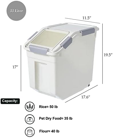 HANAMYA 33 Liter / 50 lbs Rice Storage Container with Measuring Cup, BPA free, For Rice | Grain | Pet Food | Flour, 2 count, White - Image 3