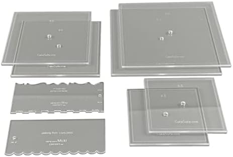CAKESAFE Square Essential Cake Decorating Acrylic Disk Kit - 3 Sets - Square 6.5", 8.5", 10.5" Disks Sets (2 disks per size), 2-8" Icing Scrapers with 1 Scraper Edge and 3 Cake Comb Patterns by CAKESAFE
