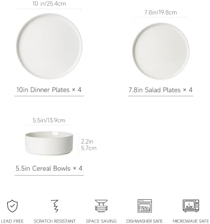 Stoneware Dinnerware Sets for 4, 12Pcs Plates and Bowls Set, Cream White - Image 3