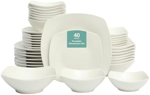 Gibson Home Brentwood 40-Piece Dinnerware Set – Square White Porcelain Plates and Bowls, Service for 8, Dishwasher & Microwave Safe, Modern Everyday Dinner Set with Cereal, Dessert, and Entrée Bowls by GibsonHomewares