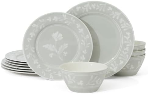 Martha Stewart Dinnerware Set - Maiden Crown 12-Piece Dish Set, Sage Green – New Bone China Ceramic Plates & Bowls – Floral Design – Service for 4 – Microwave & Dishwasher Safe by MarthaStewart
