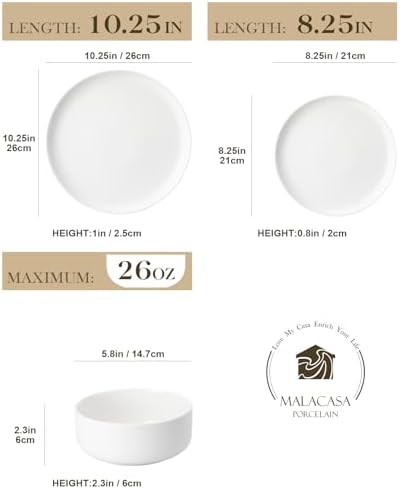 MALACASA 18 Pcs Porcelain Plates and Bowls Sets,Dinnerware Set for 6,White - Image 2