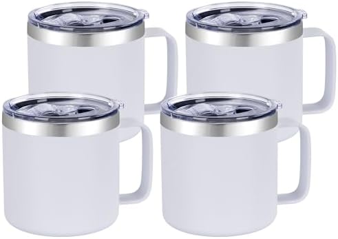 VEGOND 14 oz Insulated Coffee Mug Bulk with Handle, Stainless Steel Travel Coffee Mug with Lid, Double Wall Vacuum Metal Coffee Cup, Coffee Tumbler Powder Coated, White 4 Pack by VEGOND