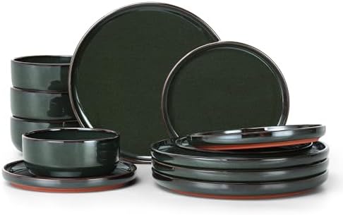 E-far Stoneware Dinnerware Sets for 4, 12 Pieces Reactive Glaze Plates and Bowls Sets, Elegant Dishes with Rustic Terracotta Base, Dishwasher & Microwave Safe, Scratch Resistant, Blackish Green by E-far