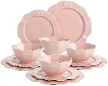 Paris Hilton 12-Piece Dinnerware Set, Embossed Bow Design, Iconic Ceramic Stoneware Service for 4 with Dinner Plates, Salad Plates, and Bowls, Microwave & Dishwasher Safe, Pink by TheWorldofParisHilton