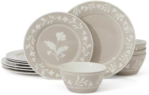 Martha Stewart Dinnerware Set - Maiden Crown 12-Piece Dish Set, Taupe – New Bone China Ceramic Plates & Bowls – Floral Design – Service for 4 – Microwave & Dishwasher Safe by MarthaStewart